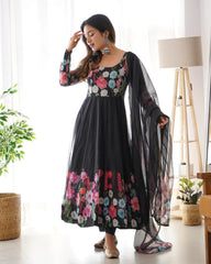 Multi Flower Print Black Color Anarkali Suit Multi Flower Print Black Color Anarkali Suit