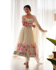 Multi Flower Print Cream Color Anarkali Suit Multi Flower Print Cream Color Anarkali Suit