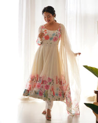 Multi Flower Print Cream Color Anarkali Suit Multi Flower Print Cream Color Anarkali Suit