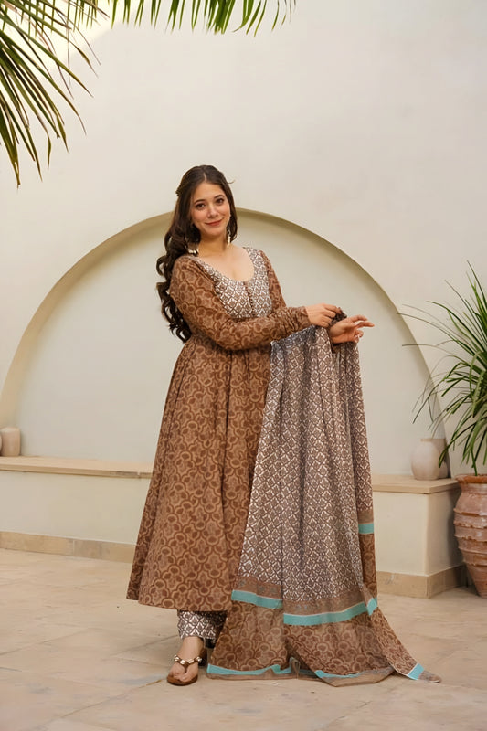 Precious Digital Print Work Brown Color Anarkali Suit