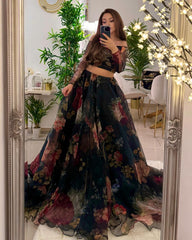 Organza Black Color Multi Flower Print Lehenga Choli Organza Black Color Multi Flower Print Lehenga Choli
