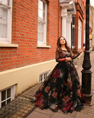 Organza Black Color Multi Flower Print Lehenga Choli Organza Black Color Multi Flower Print Lehenga Choli