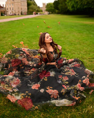 Organza Black Color Multi Flower Print Lehenga Choli Organza Black Color Multi Flower Print Lehenga Choli