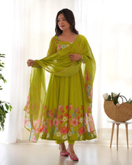 Multi Flower Print Parrot Green Color Anarkali Suit Multi Flower Print Parrot Green Color Anarkali Suit