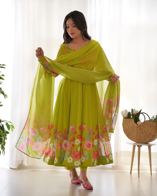 Multi Flower Print Parrot Green Color Anarkali Suit