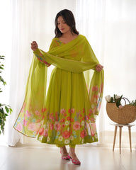 Multi Flower Print Parrot Green Color Anarkali Suit Multi Flower Print Parrot Green Color Anarkali Suit