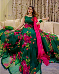 Rose Print Green Color Lehenga Choli Rose Print Green Color Lehenga Choli