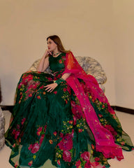 Rose Print Green Color Lehenga Choli Rose Print Green Color Lehenga Choli