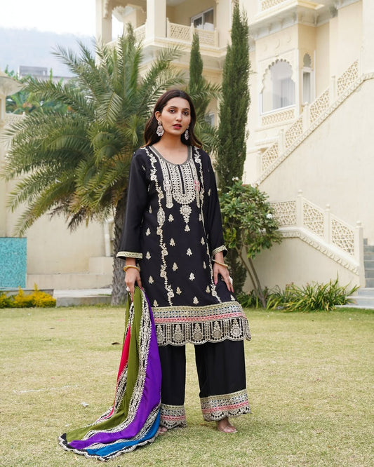 Occasion Wear Embroidery Sequence Work Black Color Sharara Suit