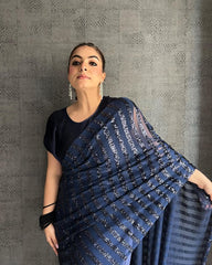 Amazing Navy Blue Color Sequin Work Crushed Saree Amazing Navy Blue Color Sequin Work Crushed Saree