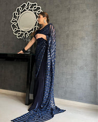 Amazing Navy Blue Color Sequin Work Crushed Saree Amazing Navy Blue Color Sequin Work Crushed Saree