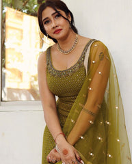 Stunning Sequence Work Mehndi Color Saharara Suit Stunning Sequence Work Mehndi Color Saharara Suit