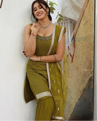 Stunning Sequence Work Mehndi Color Saharara Suit Stunning Sequence Work Mehndi Color Saharara Suit