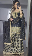 Charming Embroidery Work Black Color Sharara Suit Charming Embroidery Work Black Color Sharara Suit