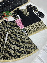 Charming Embroidery Work Black Color Sharara Suit Charming Embroidery Work Black Color Sharara Suit