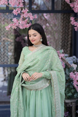 Elegant Pista Color Gown With Embroidered Work Dupatta Elegant Pista Color Gown With Embroidered Work Dupatta