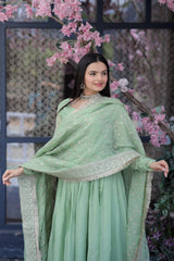 Elegant Pista Color Gown With Embroidered Work Dupatta Elegant Pista Color Gown With Embroidered Work Dupatta