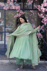 Elegant Pista Color Gown With Embroidered Work Dupatta Elegant Pista Color Gown With Embroidered Work Dupatta