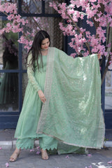 Elegant Pista Color Gown With Embroidered Work Dupatta Elegant Pista Color Gown With Embroidered Work Dupatta