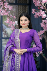 Elegant Purple Color Gown With Embroidered Work Dupatta Elegant Purple Color Gown With Embroidered Work Dupatta