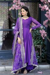 Elegant Purple Color Gown With Embroidered Work Dupatta Elegant Purple Color Gown With Embroidered Work Dupatta
