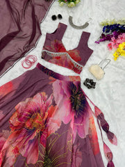 Demanding Wine Color Organza Silk Lehenga Choli Demanding Wine Color Organza Silk Lehenga Choli