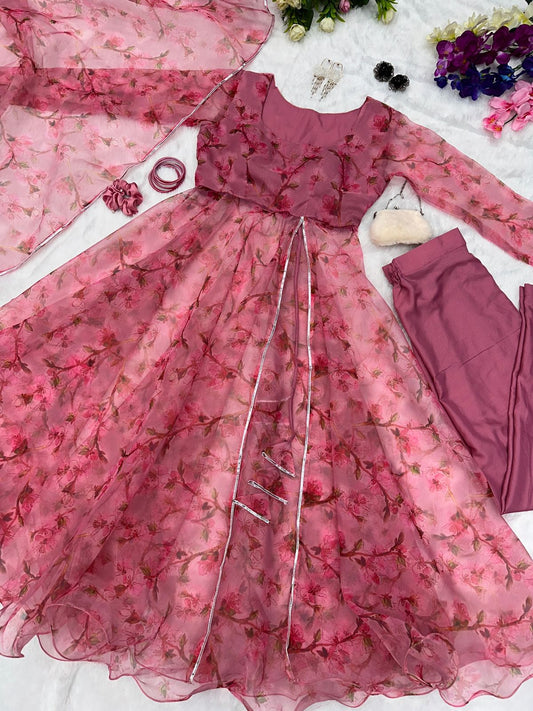 Trendy Dusty Pink Organza Anarkali Front Slit Suit