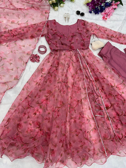 Trendy Dusty Pink Organza Anarkali Front Slit Suit