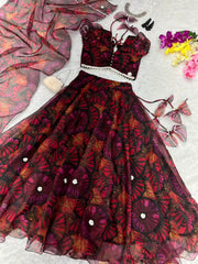 Multi Color Digital Print Organza Lehenga Choli Multi Color Digital Print Organza Lehenga Choli