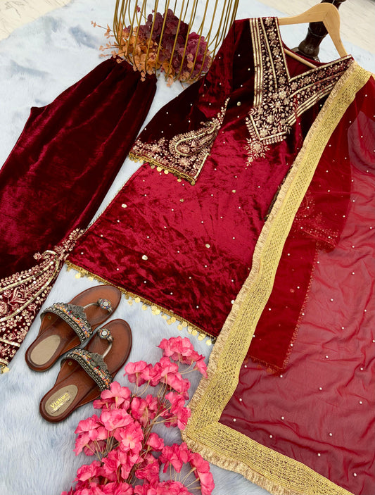 Fabulous  Design Red Color Viscose Velvet Salwar Suit