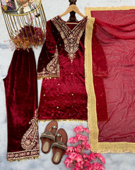 Fabulous  Design Red Color Viscose Velvet Salwar Suit Fabulous  Design Red Color Viscose Velvet Salwar Suit