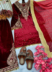 Fabulous  Design Red Color Viscose Velvet Salwar Suit Fabulous  Design Red Color Viscose Velvet Salwar Suit