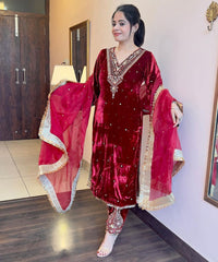 Fabulous  Design Red Color Viscose Velvet Salwar Suit Fabulous  Design Red Color Viscose Velvet Salwar Suit