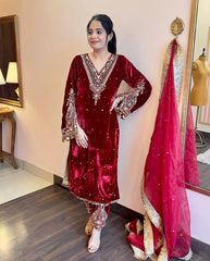 Fabulous  Design Red Color Viscose Velvet Salwar Suit Fabulous  Design Red Color Viscose Velvet Salwar Suit