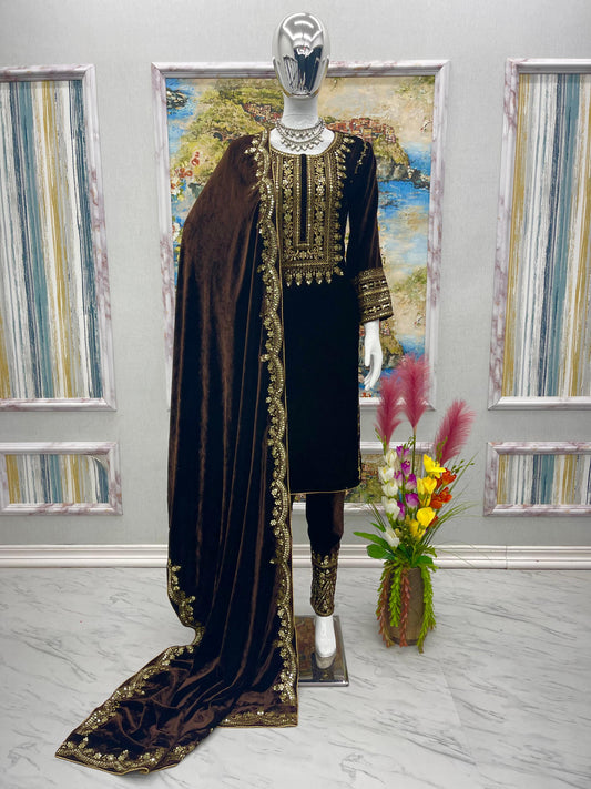 Unique Design Brown Color Viscose Velvet Salwar Suit