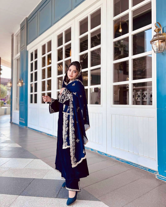 Wonderful Bell Sleeve Blue Color Velvet Salwar Suit