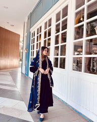 Wonderful Bell Sleeve Blue Color Velvet Salwar Suit Wonderful Bell Sleeve Blue Color Velvet Salwar Suit