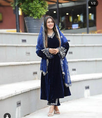 Wonderful Bell Sleeve Blue Color Velvet Salwar Suit Wonderful Bell Sleeve Blue Color Velvet Salwar Suit