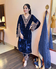 Fabulous  Blue Color Velvet Sequence Work With Rivet Moti Work Suit Fabulous  Blue Color Velvet Sequence Work With Rivet Moti Work Suit