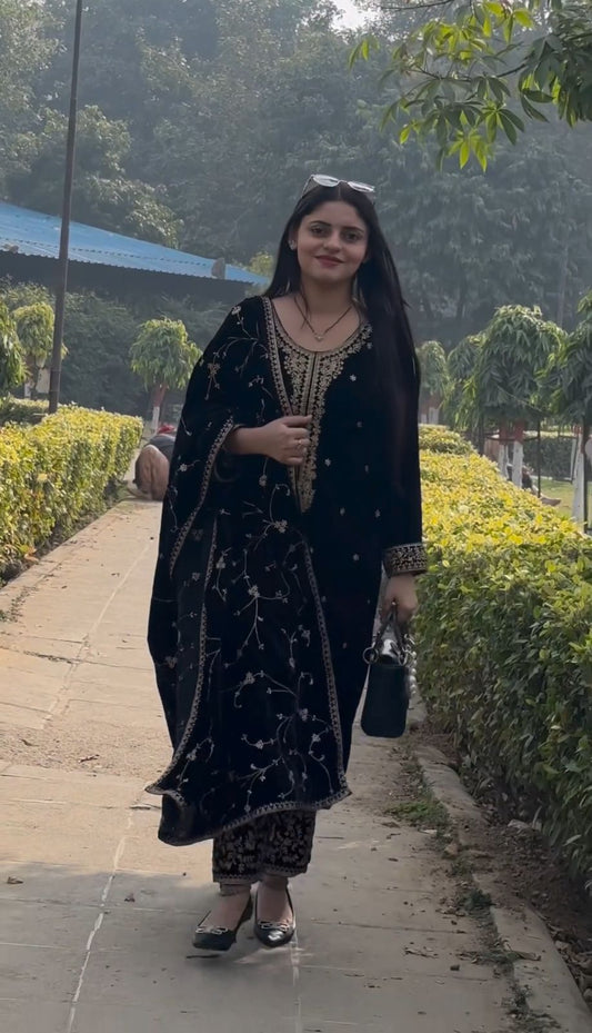 Captivating  Black Color Velvet Embroidery Sequence Work Anarkali Suit