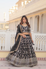 Weeding Wear Black Color Jacquard Embroidered Sequins Work Lehenga Choli Weeding Wear Black Color Jacquard Embroidered Sequins Work Lehenga Choli