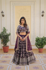 Weeding Wear Wine Color Jacquard Embroidered Sequins Work Lehenga Choli Weeding Wear Wine Color Jacquard Embroidered Sequins Work Lehenga Choli