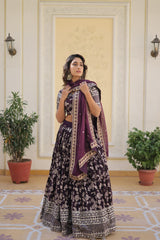 Weeding Wear Wine Color Jacquard Embroidered Sequins Work Lehenga Choli Weeding Wear Wine Color Jacquard Embroidered Sequins Work Lehenga Choli