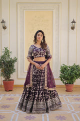 Weeding Wear Wine Color Jacquard Embroidered Sequins Work Lehenga Choli Weeding Wear Wine Color Jacquard Embroidered Sequins Work Lehenga Choli