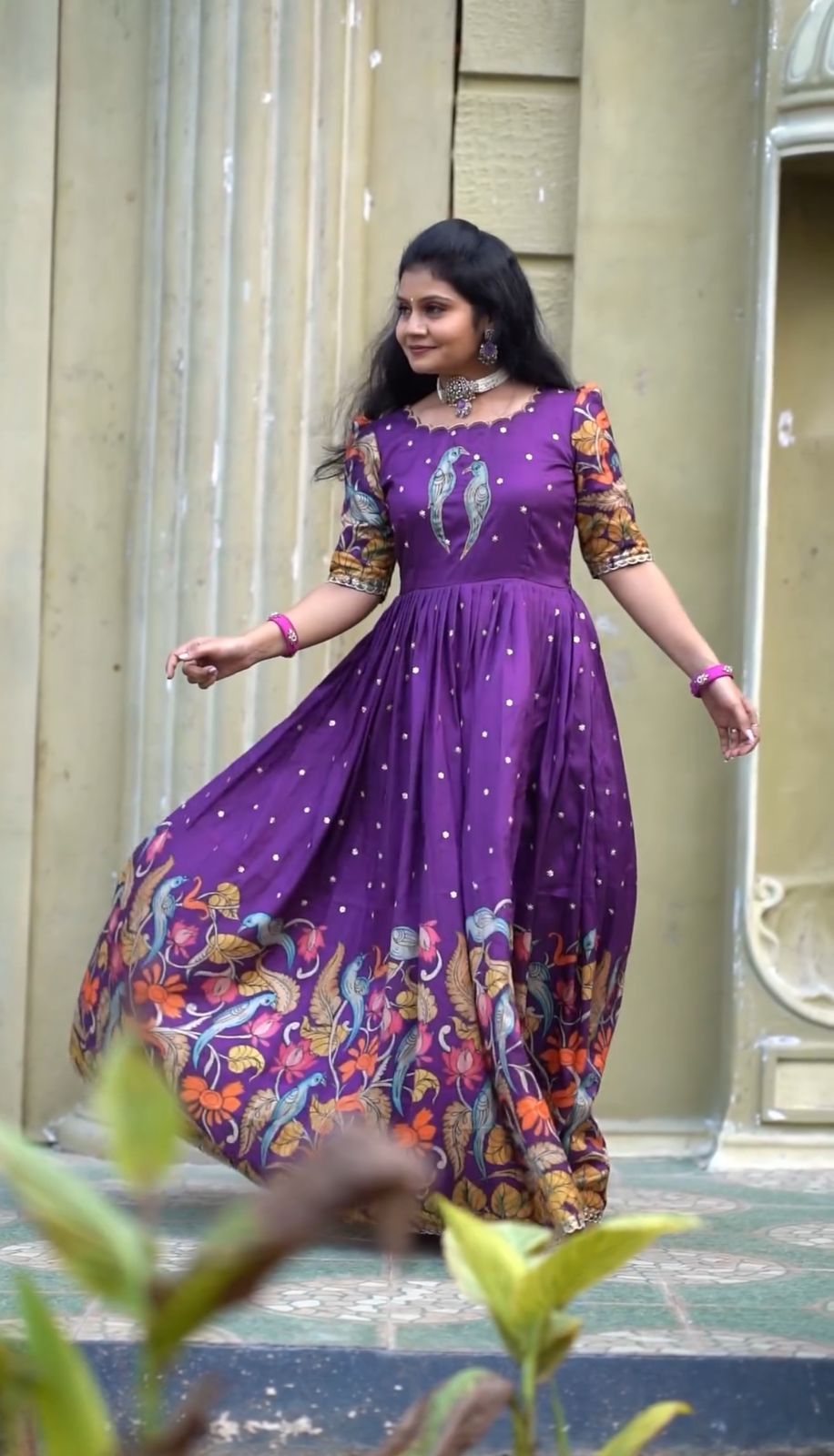 Captivating Purple Color Kalamkari Print Long Gown