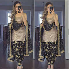 Fashionable Cream And Black Color Embroidery Sequence Work Dhoti Salwar Fashionable Cream And Black Color Embroidery Sequence Work Dhoti Salwar