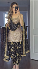 Fashionable Cream And Black Color Embroidery Sequence Work Dhoti Salwar Fashionable Cream And Black Color Embroidery Sequence Work Dhoti Salwar
