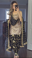 Fashionable Cream And Black Color Embroidery Sequence Work Dhoti Salwar Fashionable Cream And Black Color Embroidery Sequence Work Dhoti Salwar