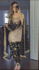 Fashionable Cream And Black Color Embroidery Sequence Work Dhoti Salwar Fashionable Cream And Black Color Embroidery Sequence Work Dhoti Salwar