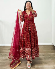 Outstanding Red Color Sequence With Dori Latkan Anarkali Gown Outstanding Red Color Sequence With Dori Latkan Anarkali Gown